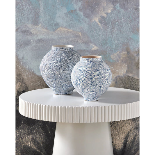 Zag Vase by Currey and Company in blue, white. Made from porcelain in a modern style.