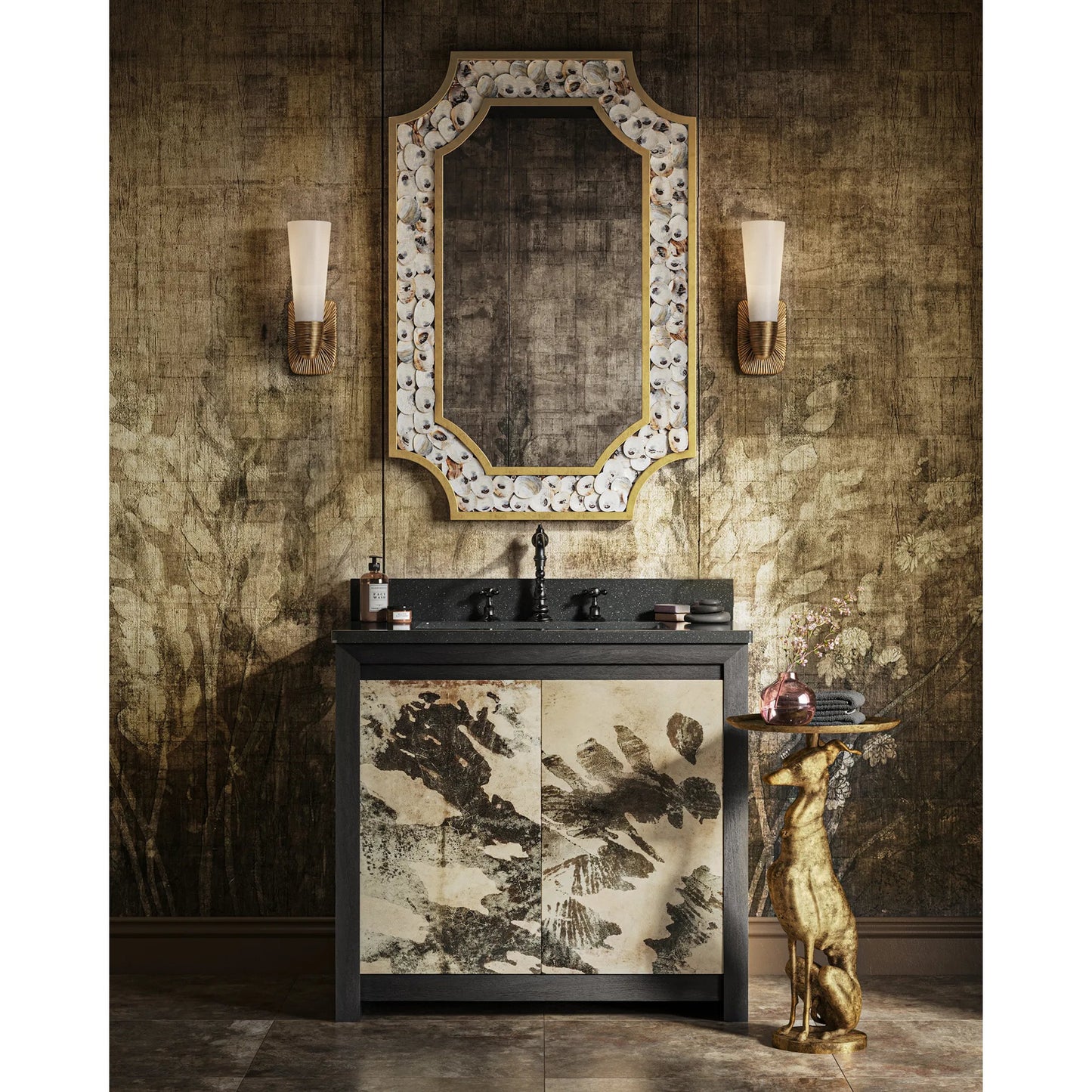 007 SI-2387060 | Lifestyle | Karlson 36" Vanity with Undermount Sink by Currey and Company in stained vellum, caviar black, faux bone. Made from oak solids, veneer, leather vellum, granite, vitreous china in a unique style.