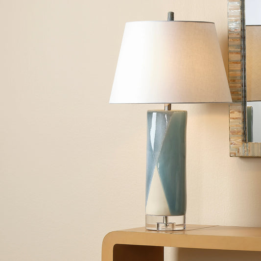 Diamond Table Lamp by Jamie Young in blue, cream. Made from ceramic, acrylic in a modern style.