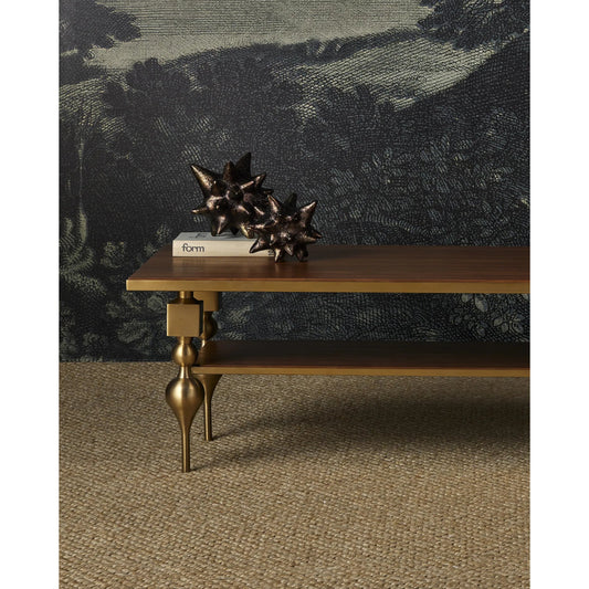 Maeve Cocktail Table by Currey and Company in brushed brass, walnut. Made from stainless steel, walnut veneer, engineered wood in a modern style.