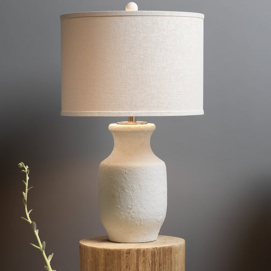 Gilbert Table Lamp by Jamie Young in textured matte white. Made from cement in a coastal style.