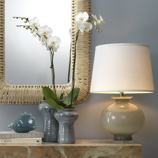Heirloom Table Lamp by Jamie Young in cornflower blue grass. Made from glass in a modern style.