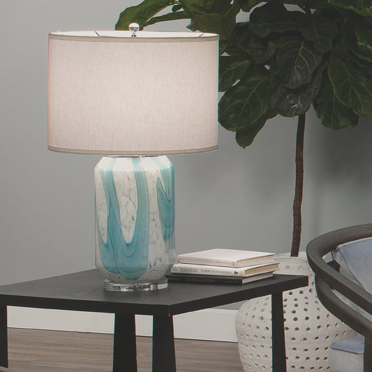 Helen Table Lamp by Jamie Young in pale blue. Made from glass, acrylic in a coastal style.