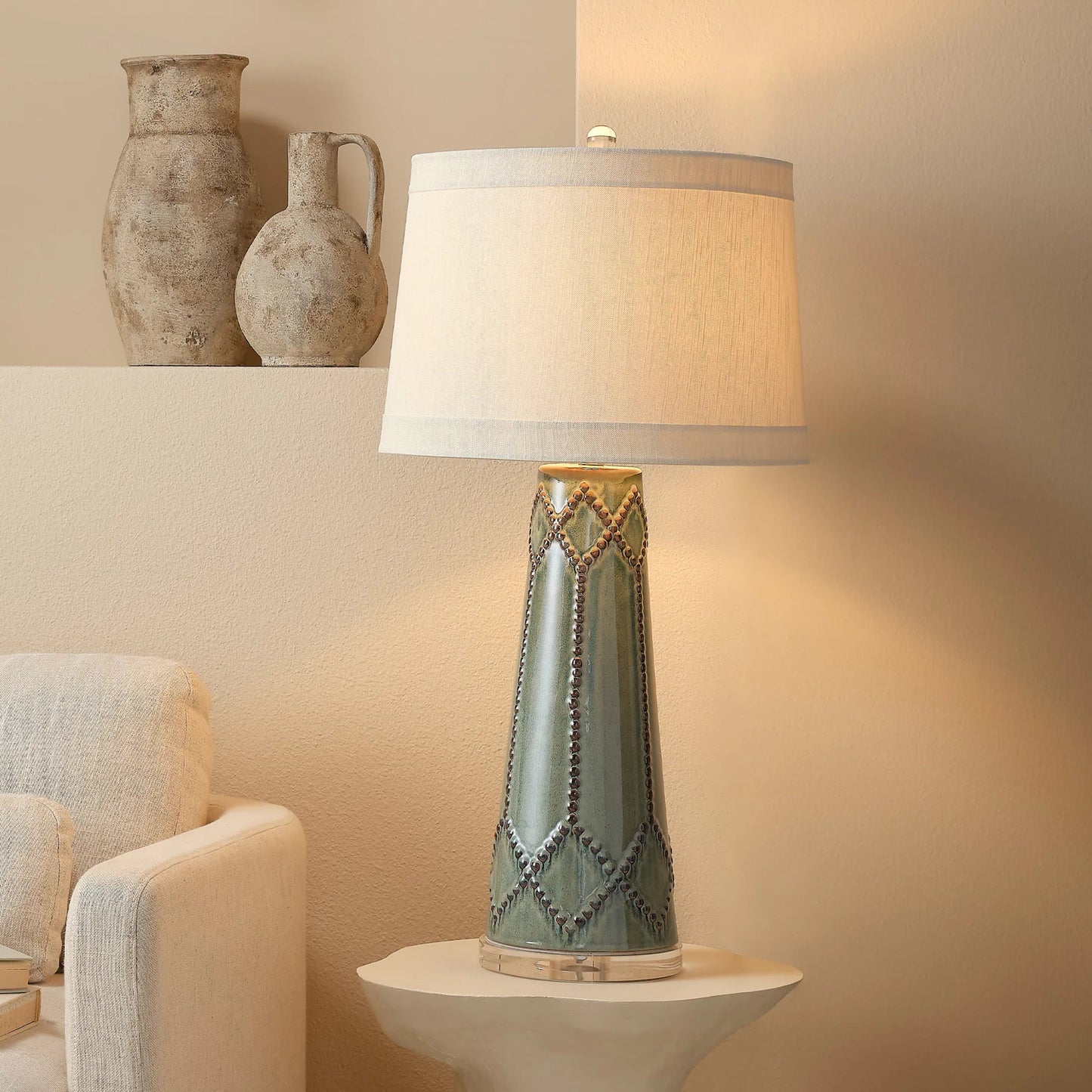 004 SR-819661 | Lifestyle | Hobnail Table Lamp by Jamie Young in teal. Made from ceramic in a transitional style.