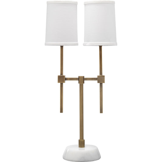 Minerva Twin Shade Console Lamp by Jamie Young in antique brass, white. Made from steel, marble in a transitional style.