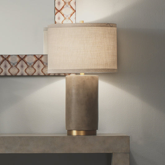 Mortar Table Lamp by Jamie Young in gray cement, antique brass. Made from cement, tin in a modern style.