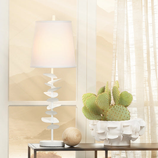 Petals Table Lamp by Jamie Young in white plaster. Made from steel in a coastal style.