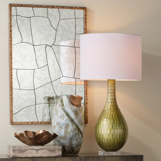 Serpentine Table Lamp by Jamie Young in green and chartreuse etched. Made from glass in a unique style.