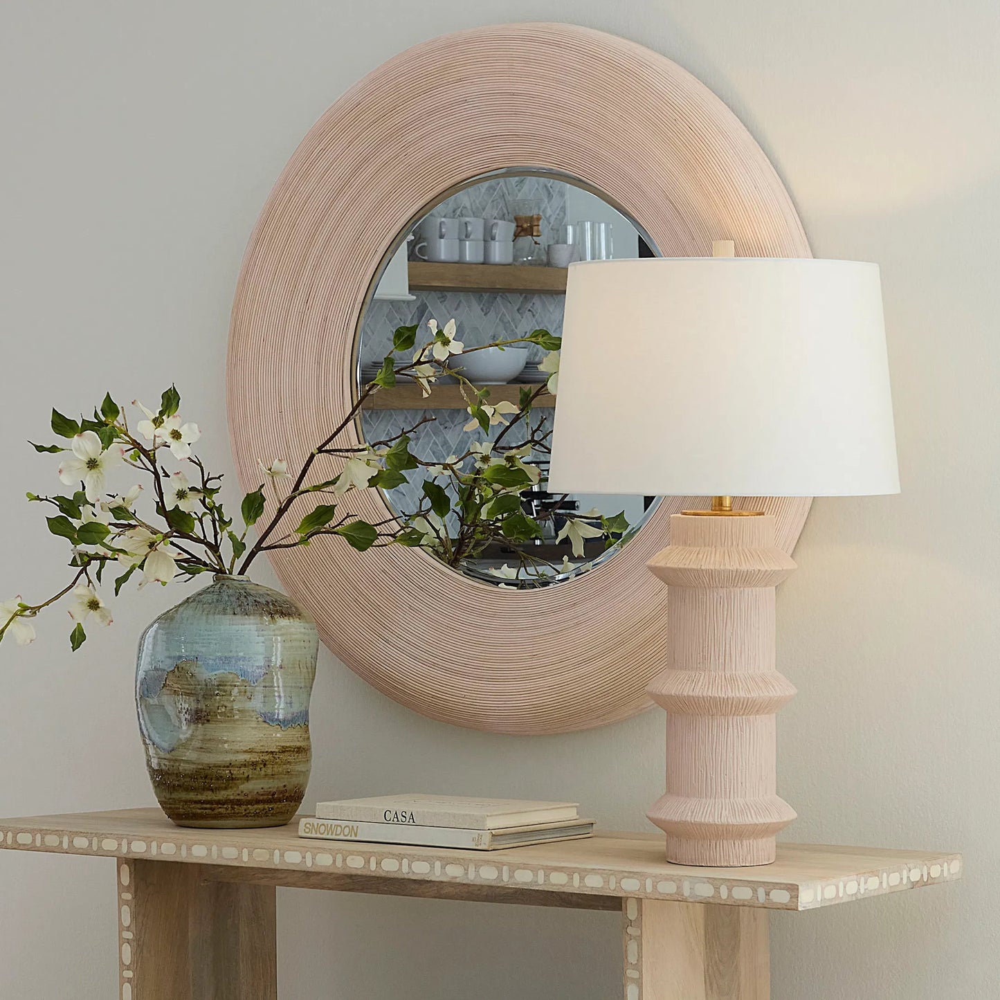 003 SI-2320421 | Lifestyle | Trousdale Table Lamp by Jamie Young in cream and textured cream. Made from polyresin in a modern style.