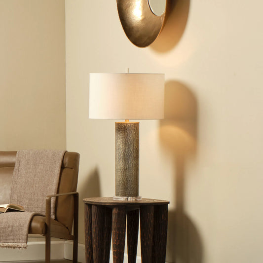Viper Table Lamp by Jamie Young in brown and truffle etched. Made from glass in a unique style.