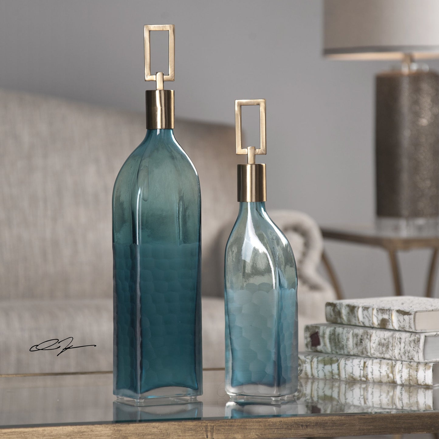 003 S-252527 | Lifestyle | Annabella Teal Glass Bottles (Set of 2) by Uttermost. Made from glass, iron in a modern style.