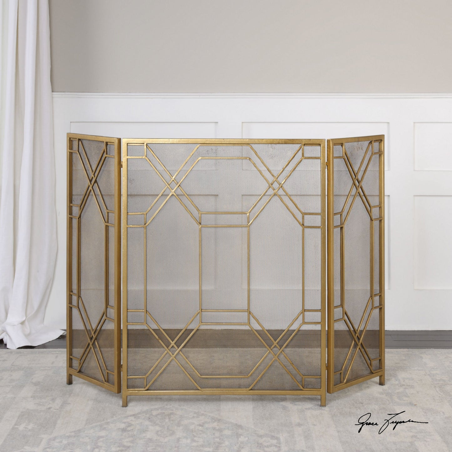 002 S-252190 | Additional Silo | Rosen Fireplace Screen by Uttermost in gold. Made from metal in a traditional style.