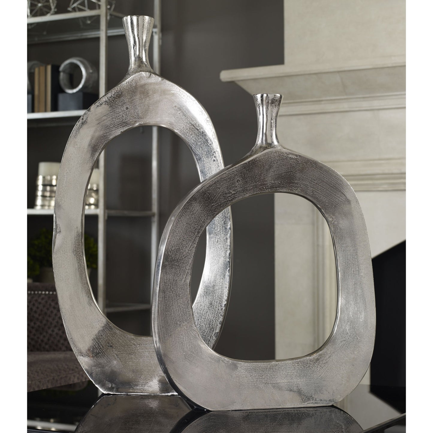 002 S-252584 | Lifestyle | Cierra Aluminum Vases (Set of 2) by Uttermost. Made from cast aluminum in a modern style.