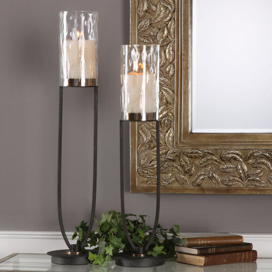 Durga Iron Work Candleholders (Set of 2) by Uttermost in iron. Made from metal, glass in a modern style.
