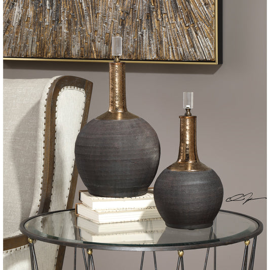 Arnav Bottles (Set of 2) by Uttermost in black. Made from ceramic, crystal, metal in a modern style.