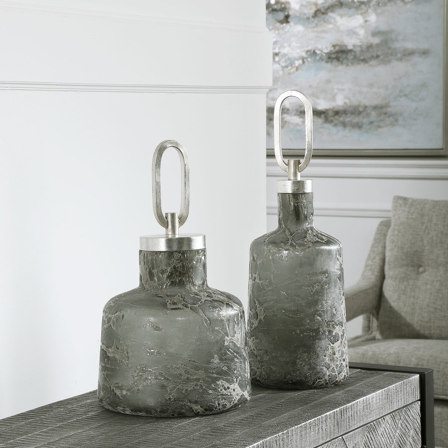003 SR-824148 | Lifestyle | Storm Art Glass Bottles by Uttermost in multi. Made from iron, glass in a eclectic & global style.