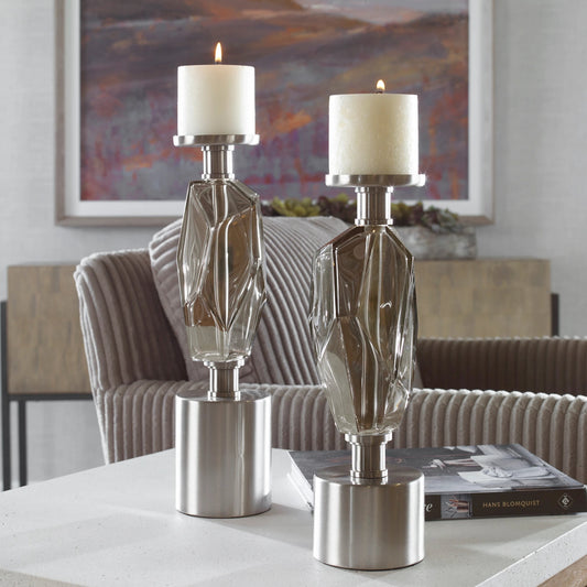 Ore Candleholders by Uttermost in silver. Made from iron, glass in a modern style.