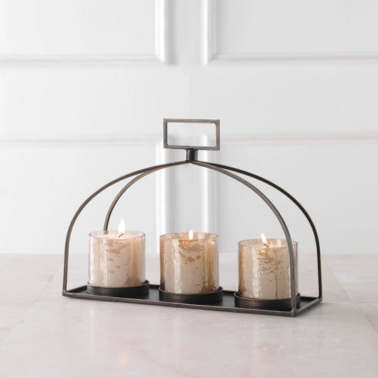Riad Triple Candleholder by Uttermost in dark bronze. Made from iron, glass in a modern style.