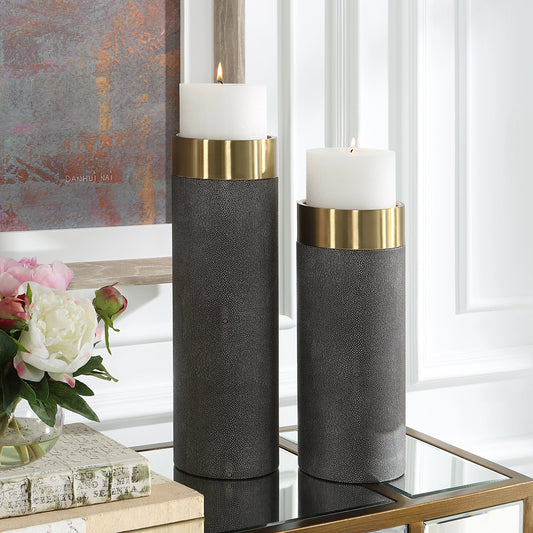 Wessex Candleholders by Uttermost in gray, antique brushed brass. Made from metal, plastic, shargreen pu, candle in a modern style.