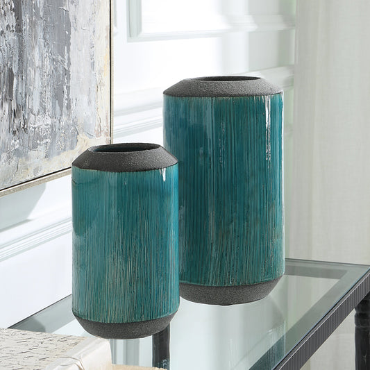 Maui Vases by Uttermost in aqua blue. Made from ceramic in a modern style.