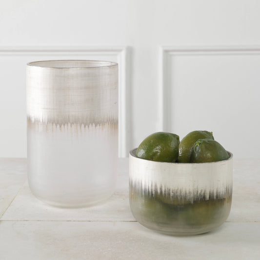 Frost Vases by Uttermost in metallic silver. Made from glass in a modern style.