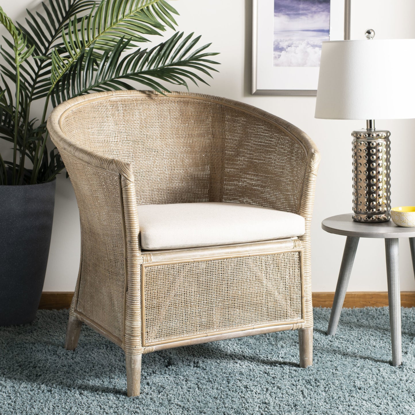 010 S-339265 | Lifestyle | Attala Rattan Armchair by HedgeApple Essentials in white washed. Made from rattan in a coastal style.