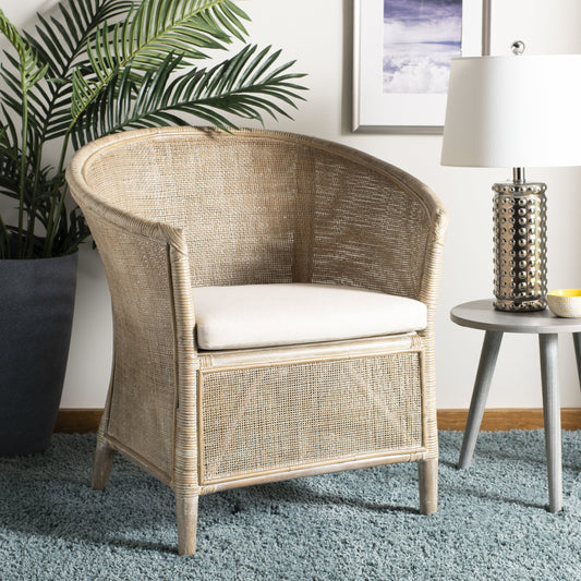 Attala Rattan Armchair by HedgeApple Essentials in white washed. Made from rattan in a coastal style.