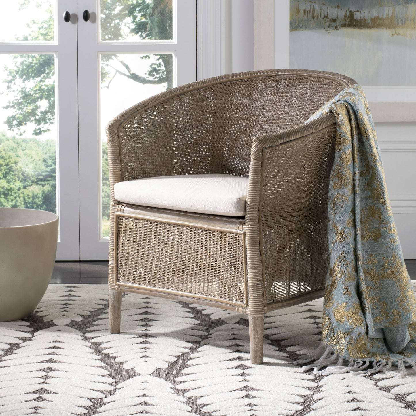 011 S-339265 | Lifestyle | Attala Rattan Armchair by HedgeApple Essentials in white washed. Made from rattan in a coastal style.