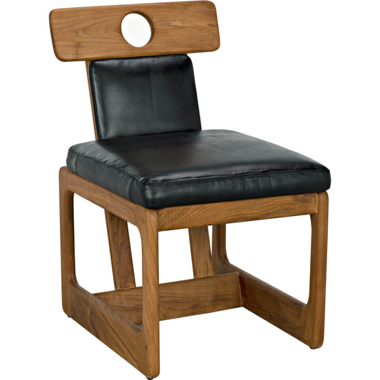 Buraco Dining Chair by Noir in clear coat gloss teak. Made from teak and black leather in a modern style.
