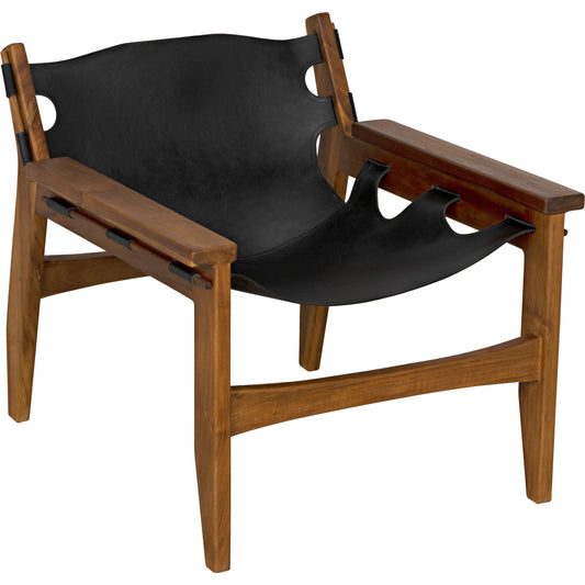 Nomo Chair by Noir in clear coat flat teak. Made from teak and black leather in a modern style.