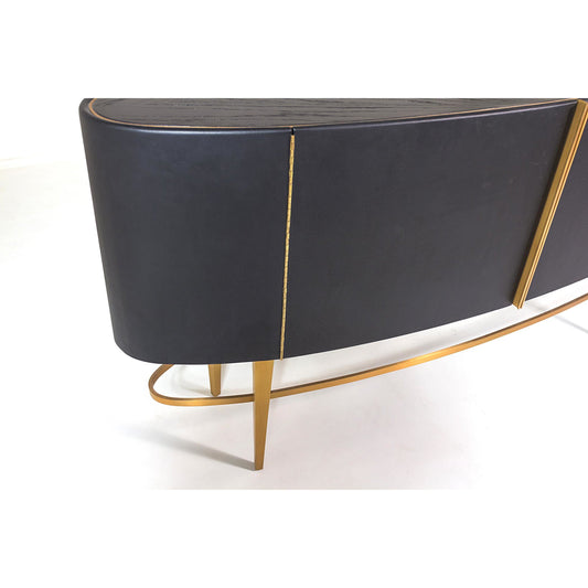 Ellipse Sideboard by Global Views in black lacquer 30 sheen, brushed brass, oak. Made from mdf, leather, brass in a modern style.