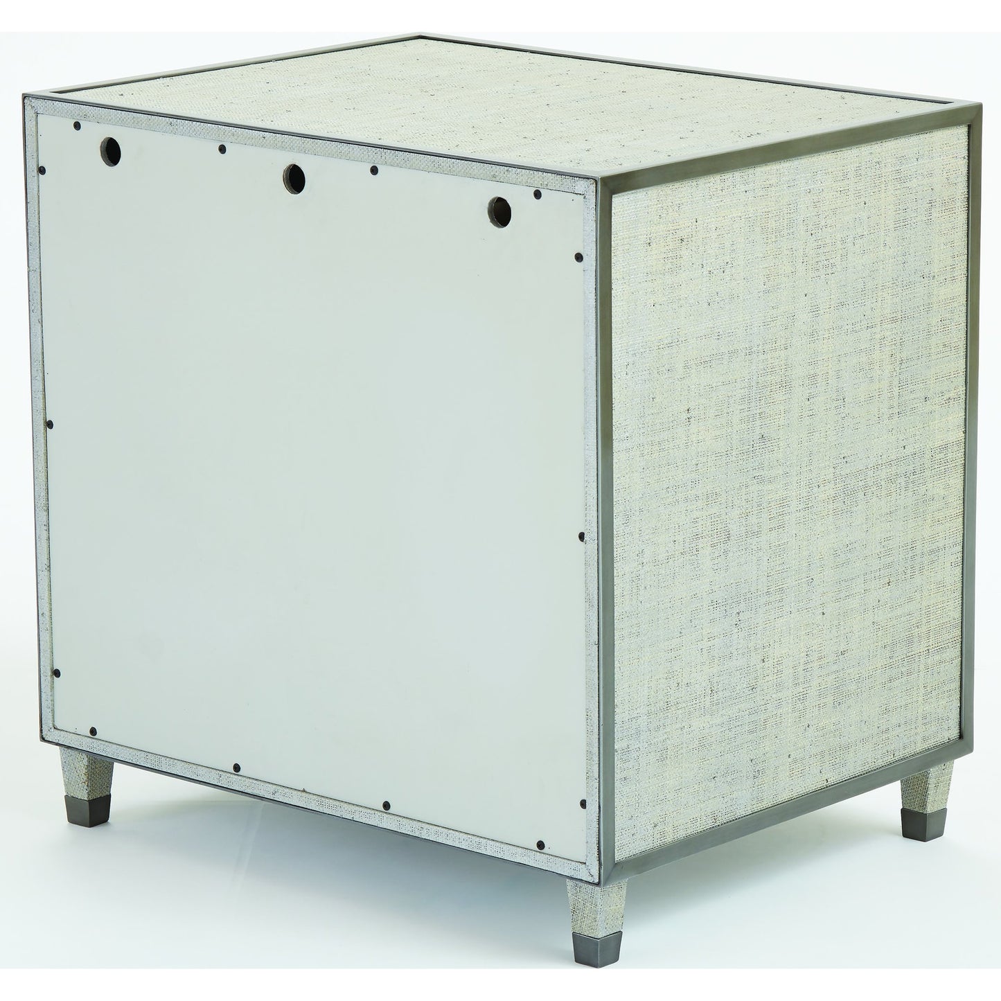 017 SR-700748 | Unknown | Argento Bedside Chest by Global Views in pewter. Made from acacia, beech, mdf, poplar, raffia, steel in a transitional style.