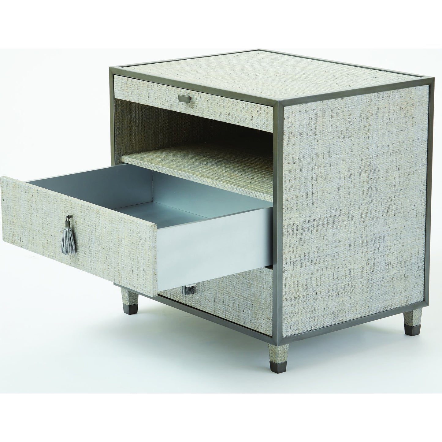 016 SR-700748 | Unknown | Argento Bedside Chest by Global Views in pewter. Made from acacia, beech, mdf, poplar, raffia, steel in a transitional style.