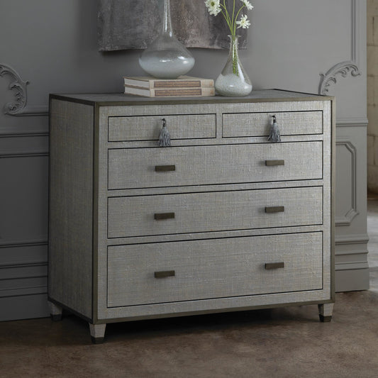 Argento Chest of Drawers by Global Views. Made from steel, raffia, leather in a transitional style.