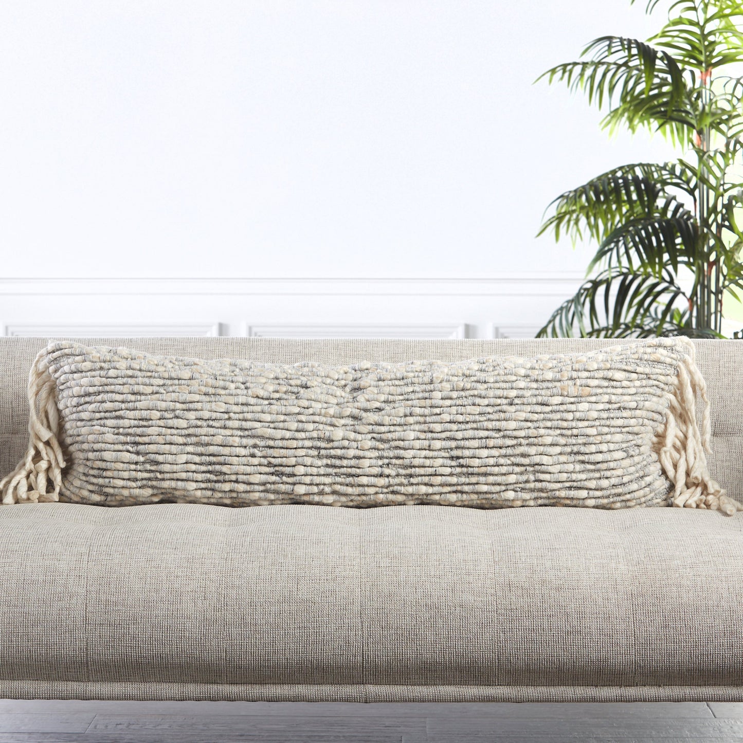 004 SR-861453,SR-861454 | Lifestyle | Angora AGO01 Pillow by Jaipur Living in gray, cream. Made from 70% wool, 20% polyester, 10% linen in a eclectic & global style.