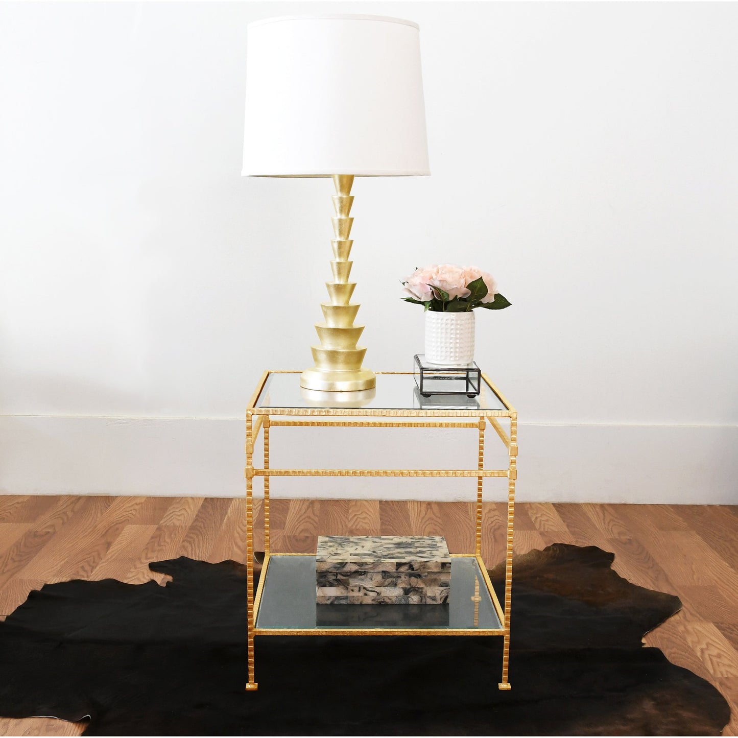 004 SR-894826 | Lifestyle | Amos Table by Worlds Away in gold leaf. Made from iron, glass in a modern style.