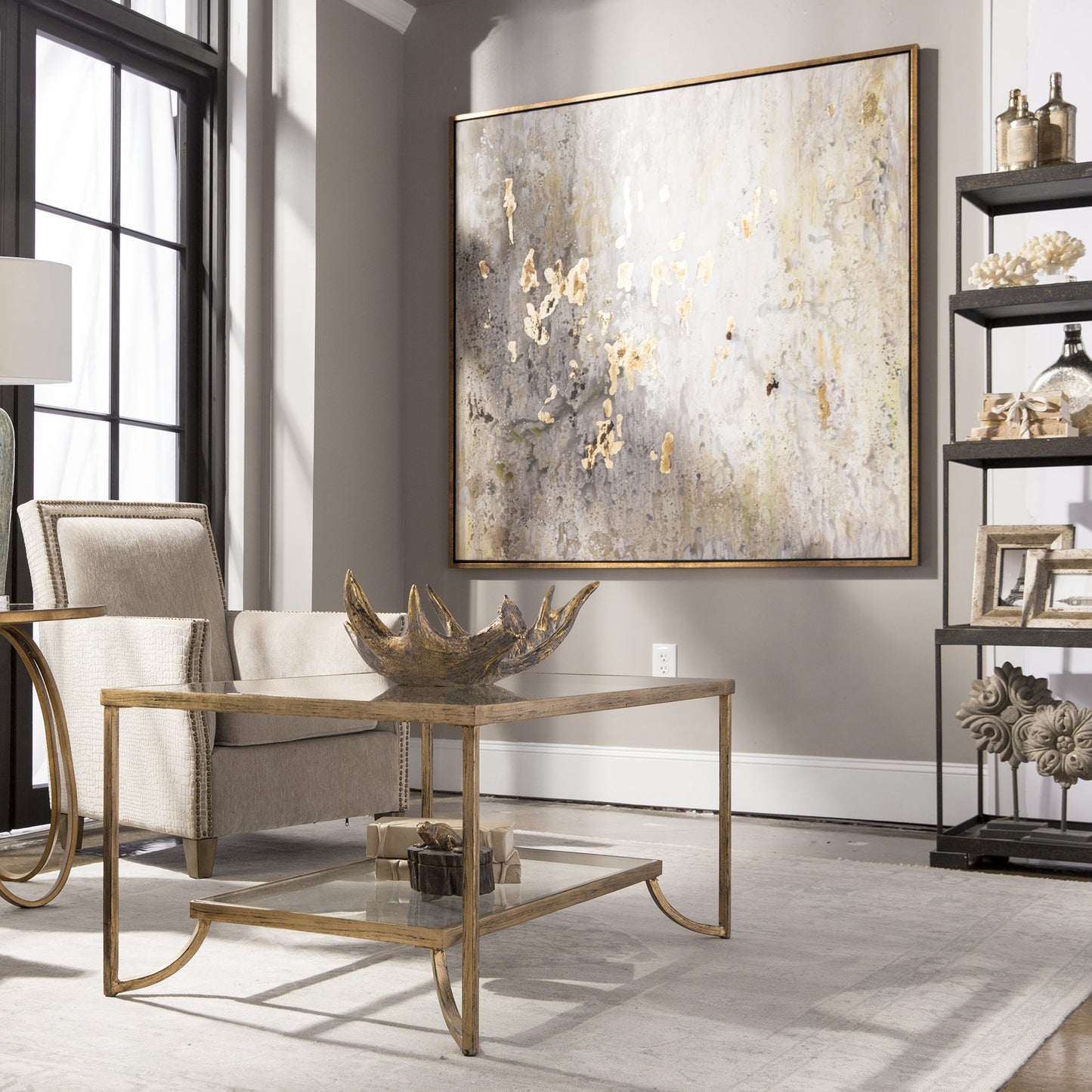 004 S-254034 | Lifestyle | Golden Raindrops by Uttermost in multi. Made from firwood, fiber canvas, pu leather in a modern style.
