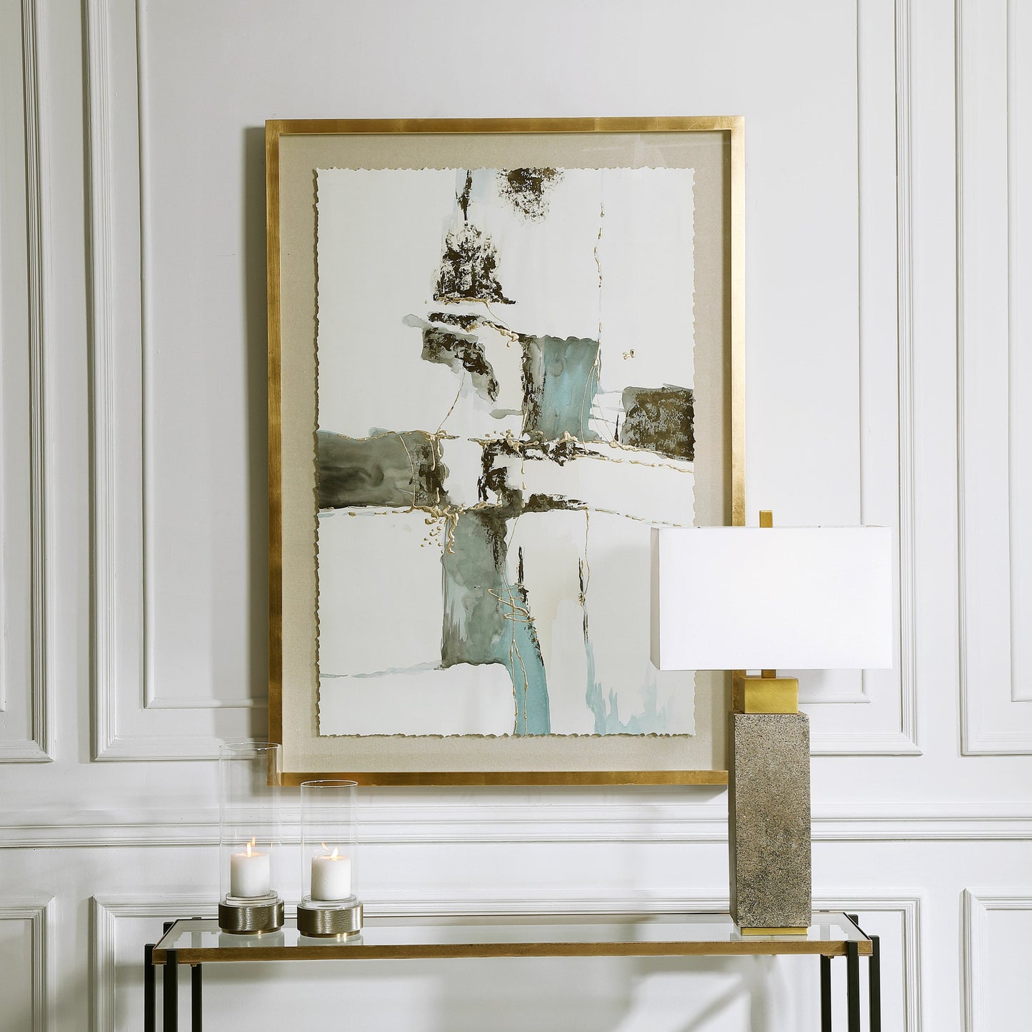 002 SR-824238 | Lifestyle | Crosswalk Abstract Art by Uttermost in multi. Made from paper, pine, mdf, glass, linen, acrylic in a modern style.