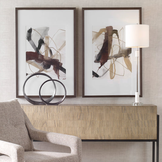 Burgundy Interjection Abstract Prints by Uttermost in multi and dark walnut. Made from plastic, glass, paper in a transitional style.