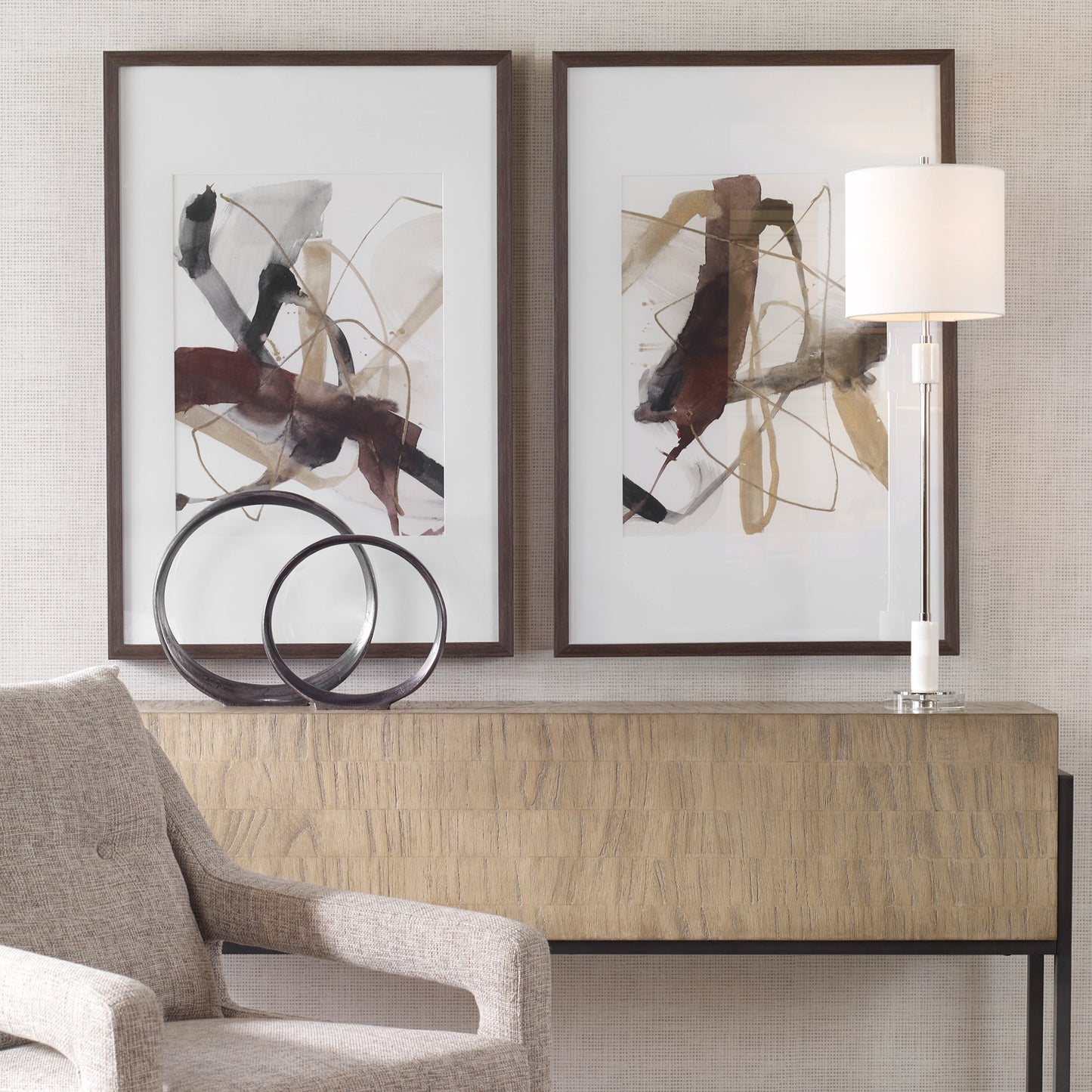 004 SI-1923765 | Lifestyle | Burgundy Interjection Abstract Prints by Uttermost in multi and dark walnut. Made from plastic, glass, paper in a transitional style.