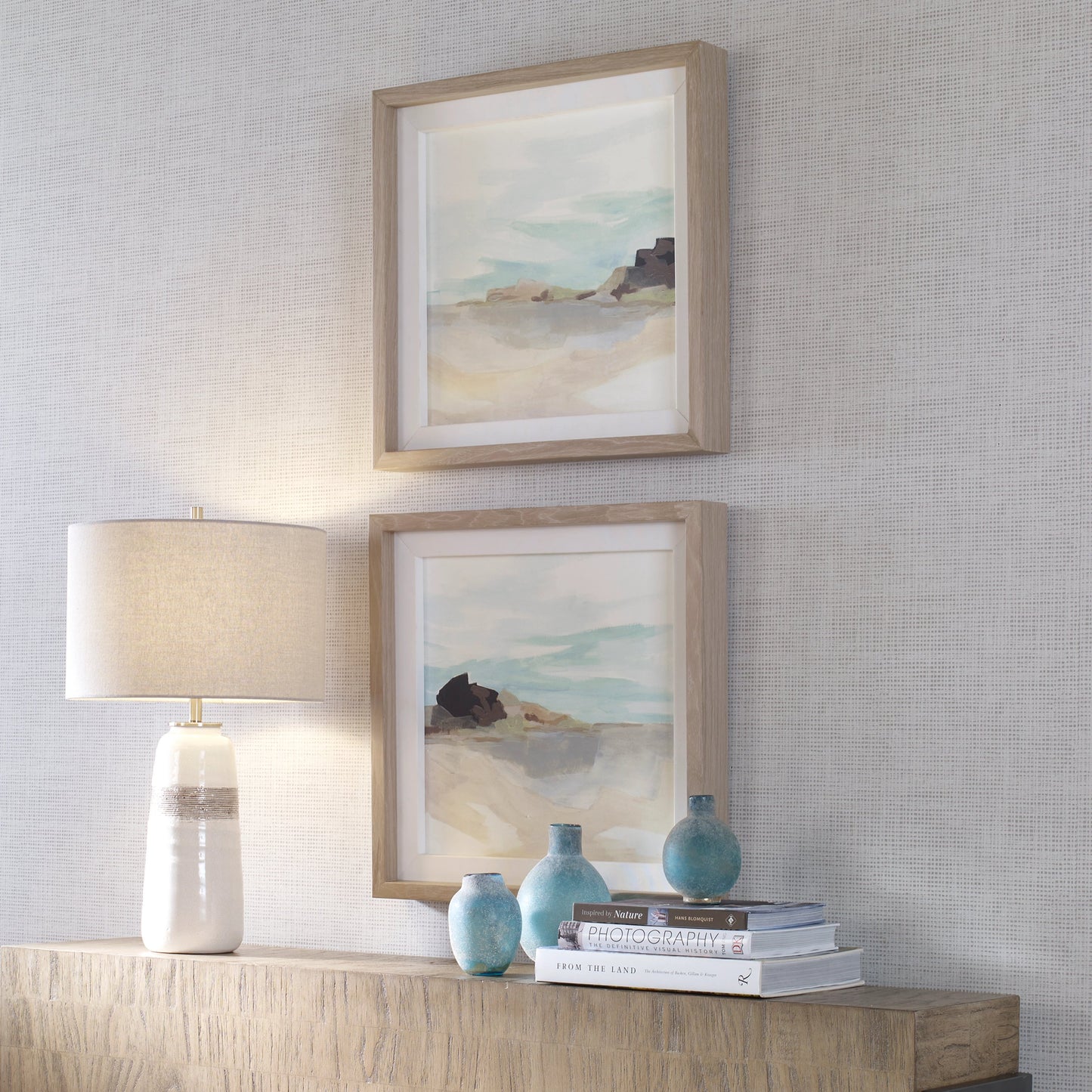 008 SI-1981459 | Lifestyle | Glacial Coast Framed Prints by Uttermost in multi and natural pine. Made from pine, mdf, veneer, linen in a coastal style.