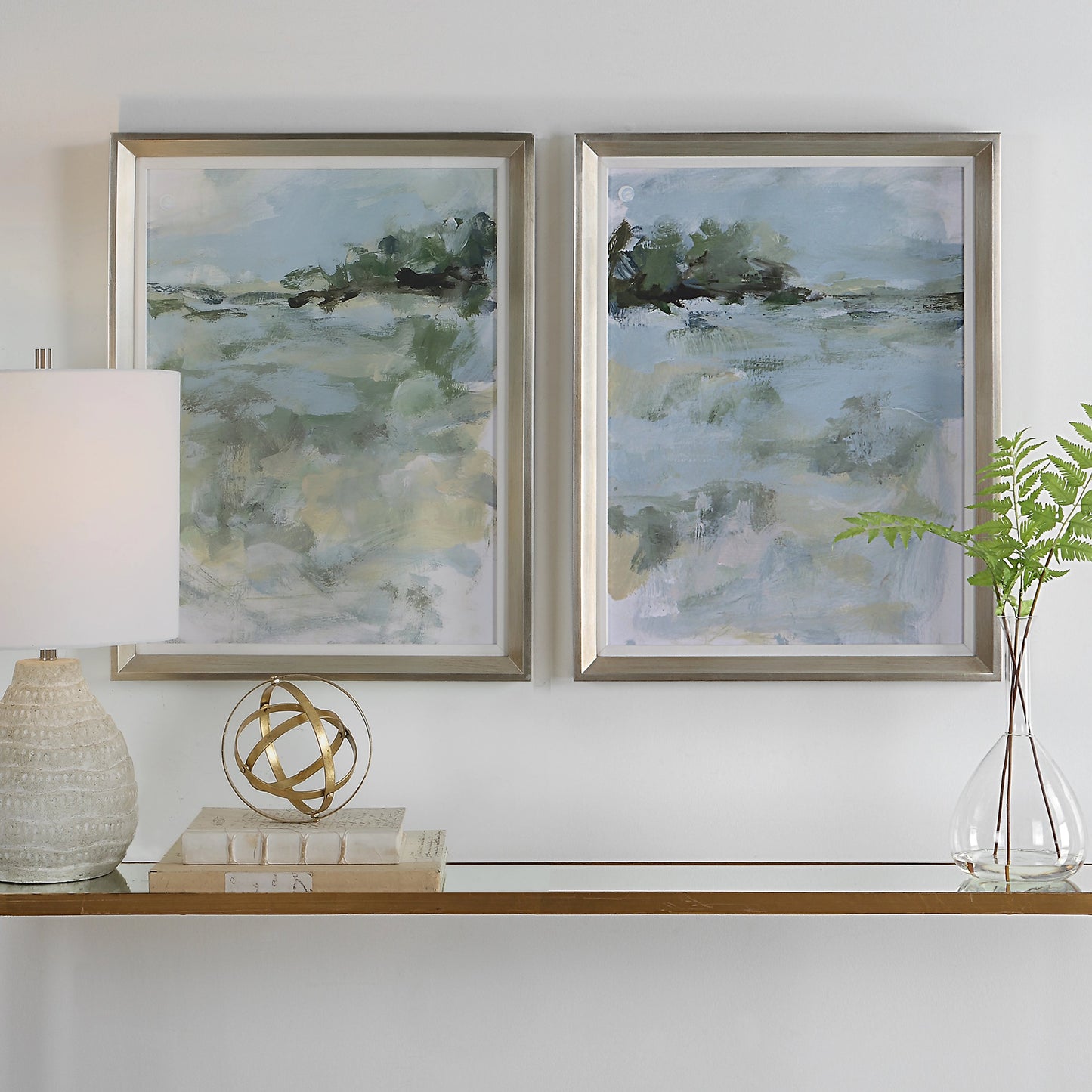 004 SI-1981468 | Lifestyle | Far Away View Framed Prints by Uttermost in multi and champagne silver. Made from pine, mdf, linen, paper in a modern style.