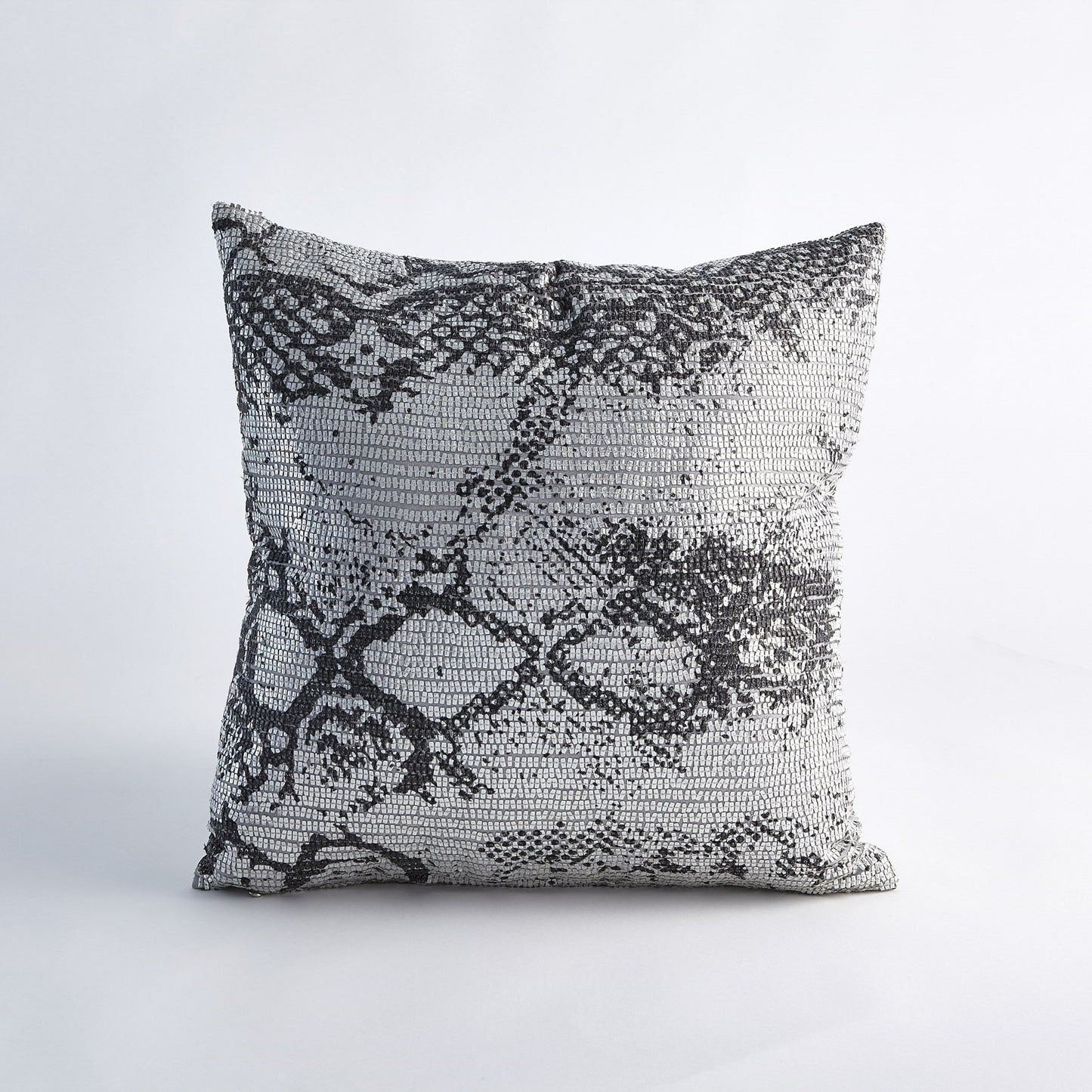 003 SR-890763 | Lifestyle | Shimmer Snake Skin Pillow by Global Views in silver and silver. Made from polyester with cotton lining with plastic decor in a modern style.