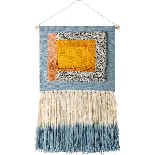 Artsy Geo Wall Hanging - 30835 by Surya in blue, white, yellow. Made from main: 70% wool, main: 20% polyester, main: 10% cotton, rod: wood in a modern style.