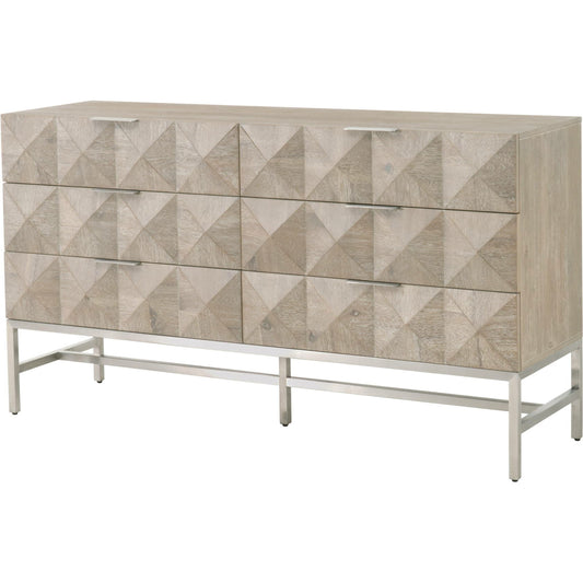 Atlas Double Dresser by Essentials For Living in natural gray, brushed stainless steel. Made from solid acacia wood, acacia veneer, mdf, plywood, stainless steel in a modern style.