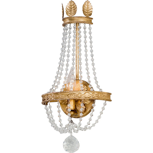 Viola Wall Sconce by Troy in distressed gold leaf. Made from hand-worked iron in a transitional style.