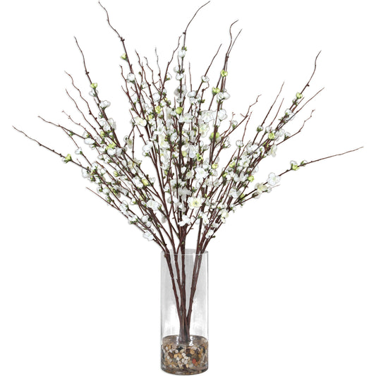 Quince Blossoms Silk Centerpiece by Uttermost. Made from silk, glass, acrylic, rocks in a modern style.