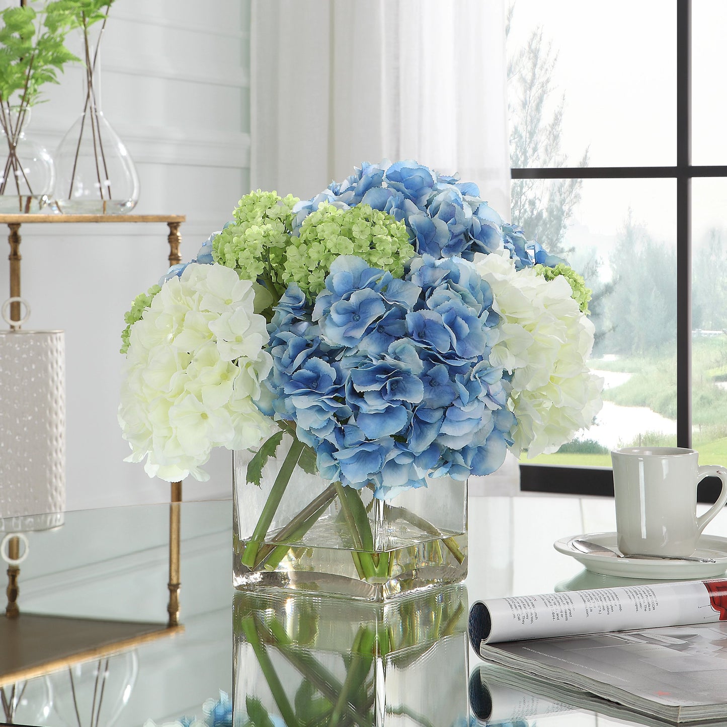 003 SI-1981488 | Lifestyle | Providence Hydrangea Bouquet by Uttermost in blue, white, limelight and blue. Made from polyester, plastic, iron, glass in a modern style.
