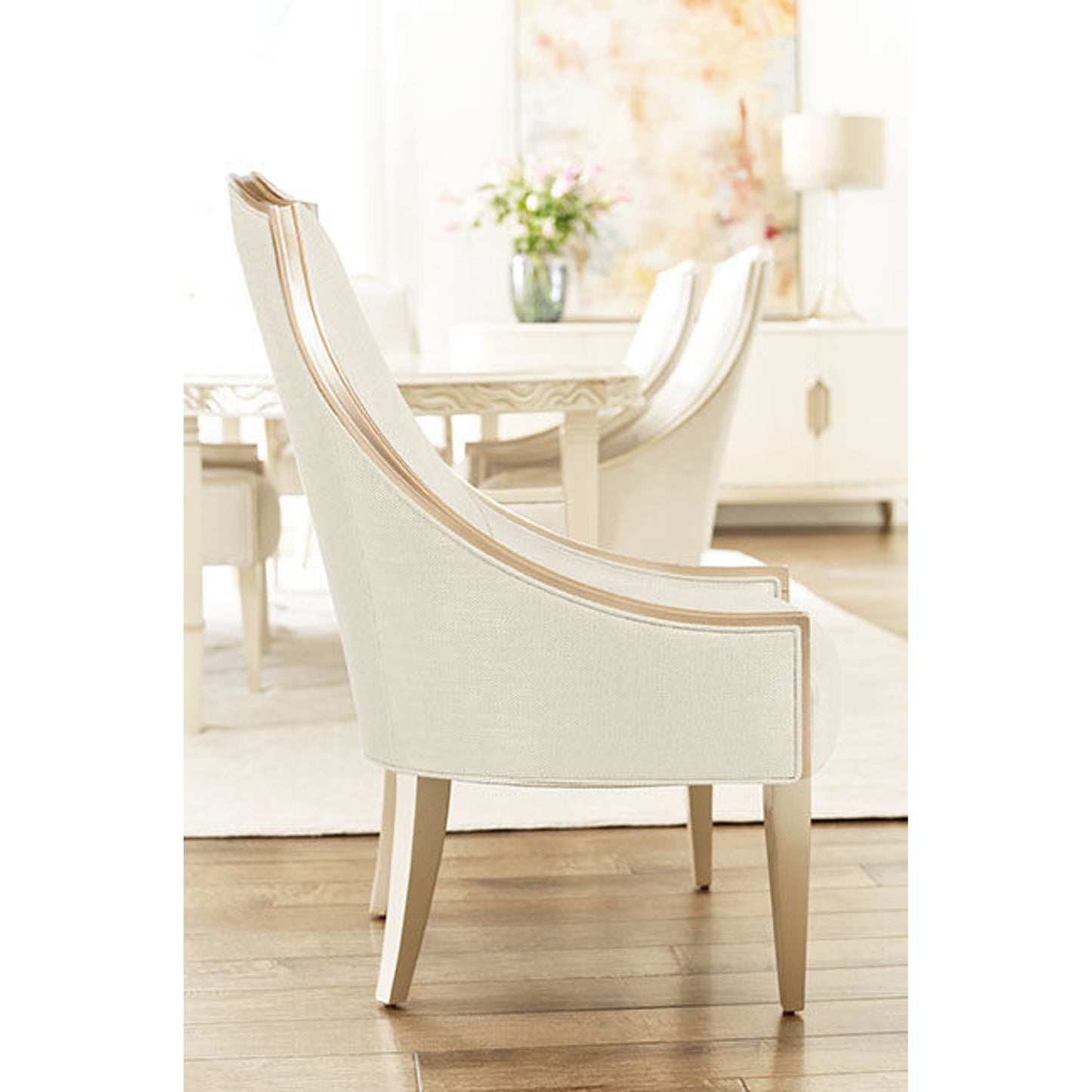 005 SR-768801 | Lifestyle | High Back Side Chair by Caracole in taupe and blush taupe. Made from birch in a transitional style.