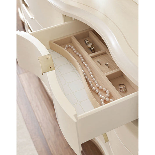 Washed White Dresser by Caracole in taupe, white and washed alabaster, blush taupe. Made from birch, engineered maple in a transitional style.